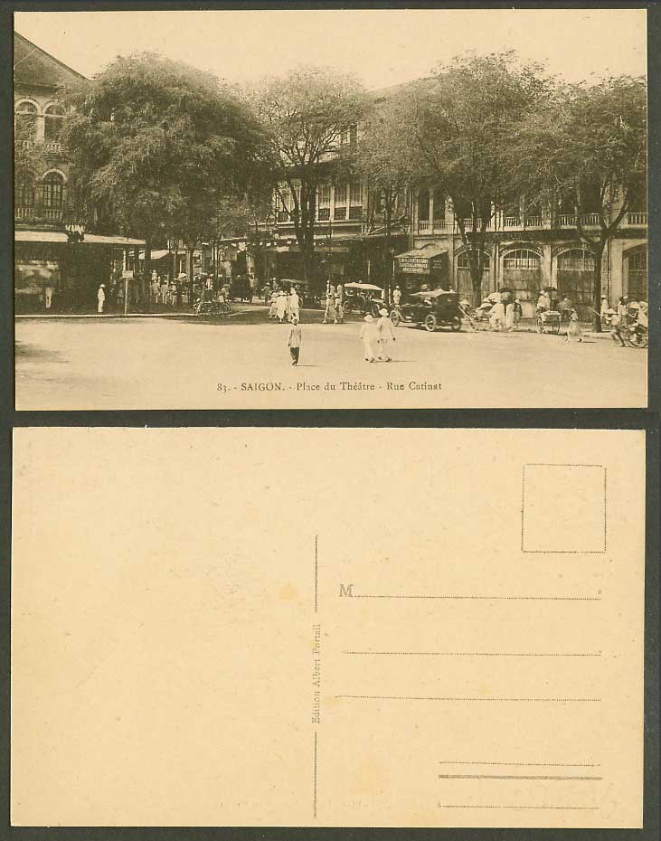 Indo-China Old Postcard Saigon Place du Theatre Rue Catinat Street Scene Cars 83