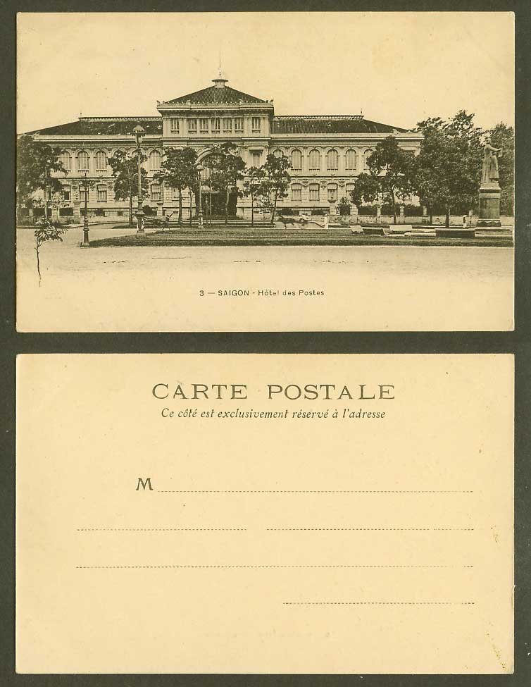 Indo-China Old UB Postcard Saigon Hotel des Postes Post Office Statue Monument 3