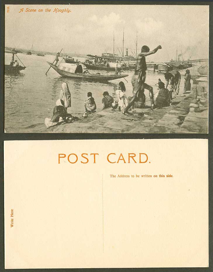 India Old Postcard Native Sampan Boats, Scene on Hooghly River Panorama Calcutta