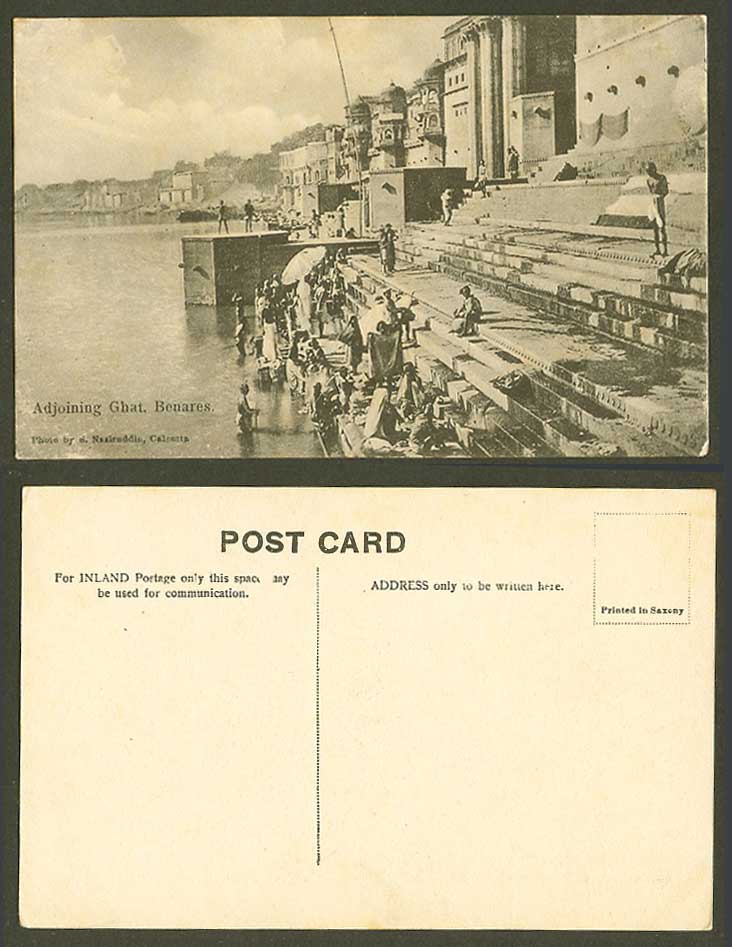 India Old Postcard Adjoining Ghat, Benares, River Scene, Native Bathers Bathing