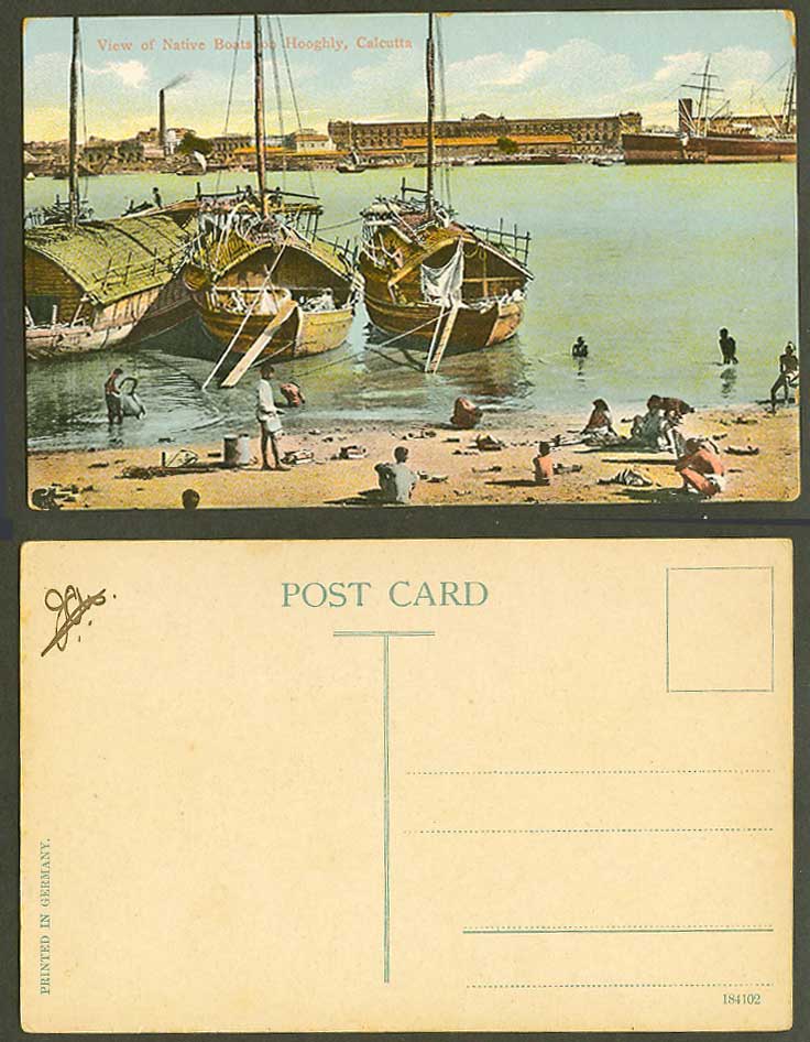 India Old Postcard View of Native Sampans Boats on Hooghly River Calcutta, Ships