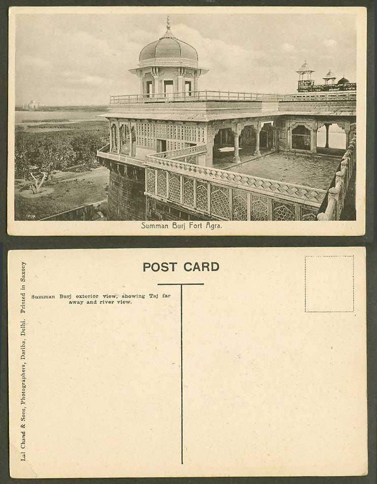 India Old Postcard Summan Burj Fort Agra exterior View showing Taj Mahal & River