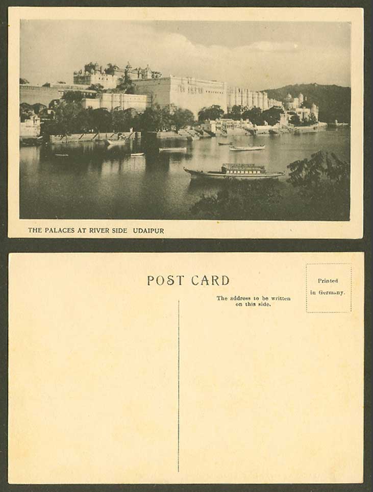 India Old Postcard The Palaces at River Side Palace Native Boats Canoe Houseboat