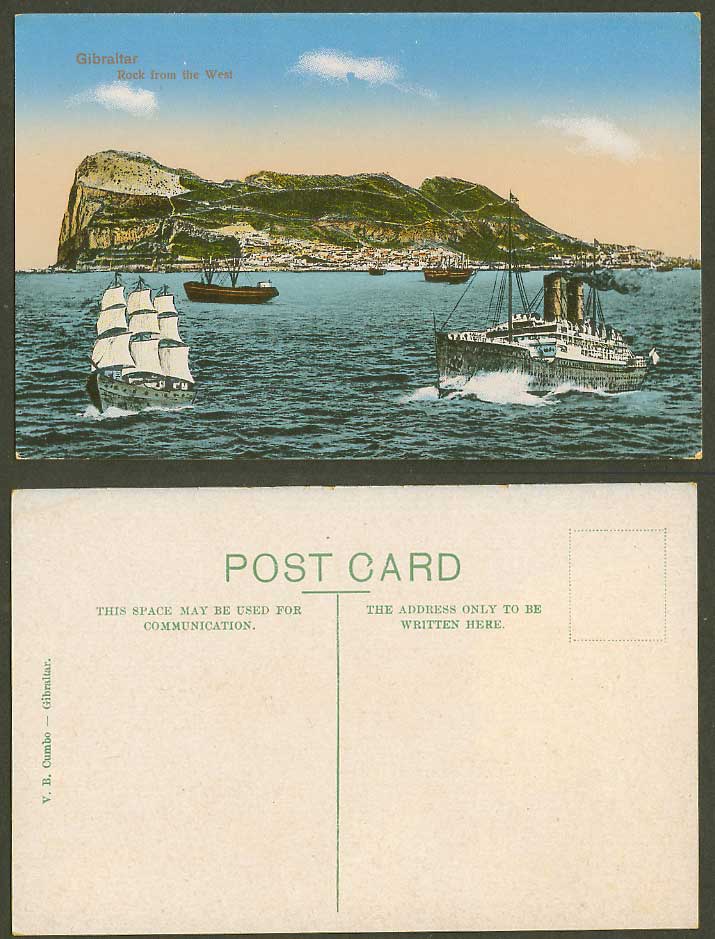 Gibraltar Old Postcard The Rock from The West, Schooner Steamer Steam Ship Boats