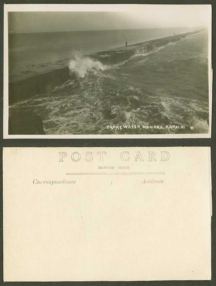 Pakistan Old Real Photo Postcard Manora Karachi Breakwater, Jetty Pier Rough Sea