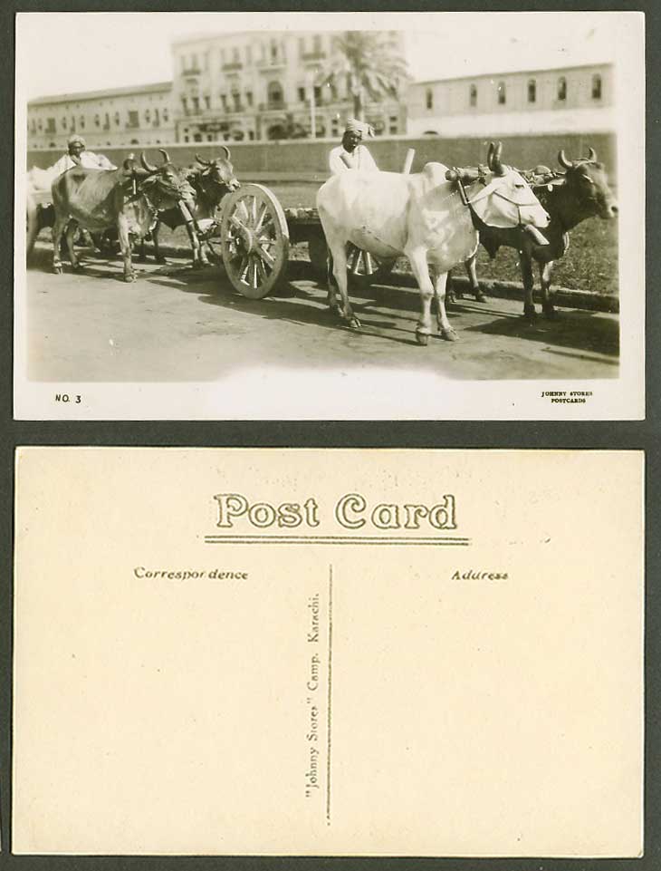 Pakistan Old Real Photo Postcard Native Bullock Cart, Johnny Stores Camp Karachi