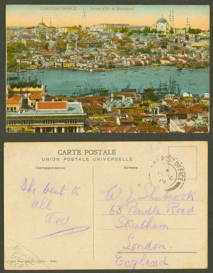 Turkey Army Post Office 1919 Old Postcard Constantinople, Corne d'Or et Stamboul