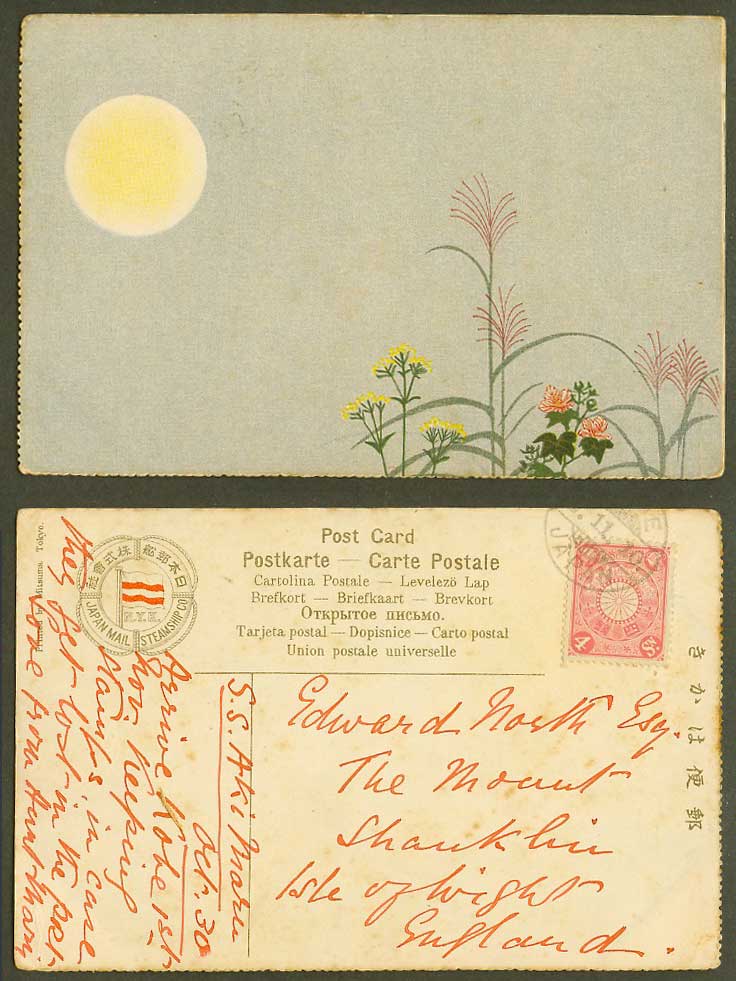 Japan Mail Steamship Co. Flag 4s 1910 Old Postcard Full Moon or Sun Flowers, ART