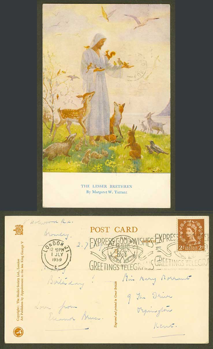 Margaret W Tarrant 1959 Old Postcard Lesser Brethren Fox Deer Rabbits Lambs Bird