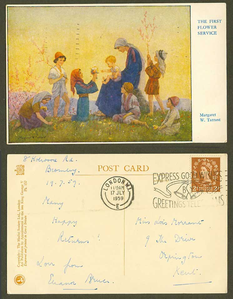 Margaret W. Tarrant 1959 Old Postcard The First Flower Service Children Baby Boy