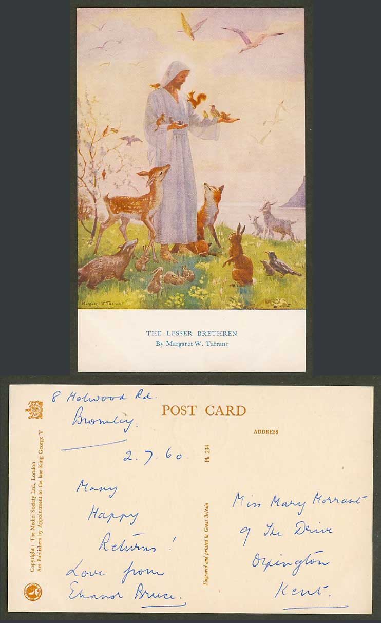Margaret W Tarrant 1960 Old Postcard Lesser Brethren Fox Deer Rabbits Lambs Bird