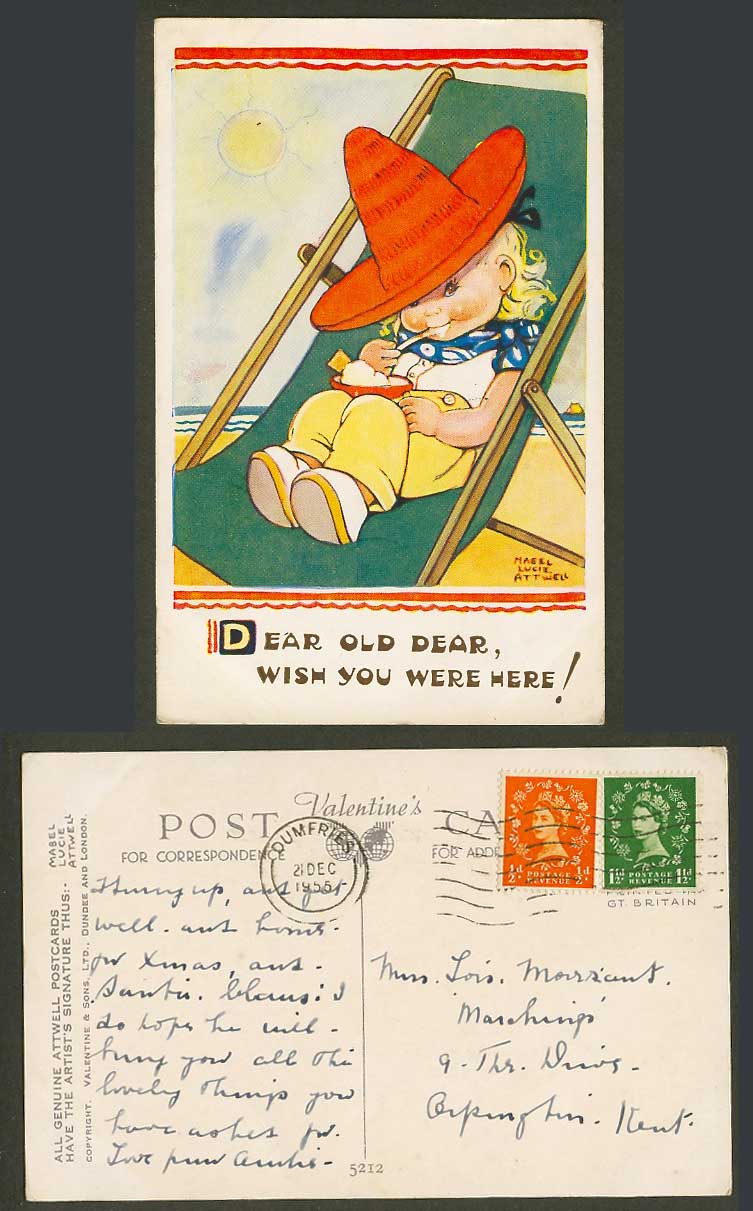 MABEL LUCIE ATTWELL 1955 Old Postcard Dear Wish You Were Here Ice Cream Sun 5212