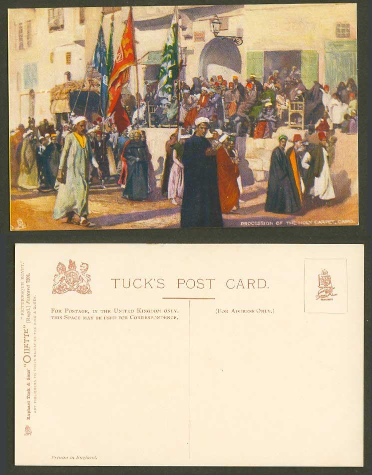 Egypt Old Tuck's Oilette Postcard Cairo Holy Carpet Procession Street Scene Flag