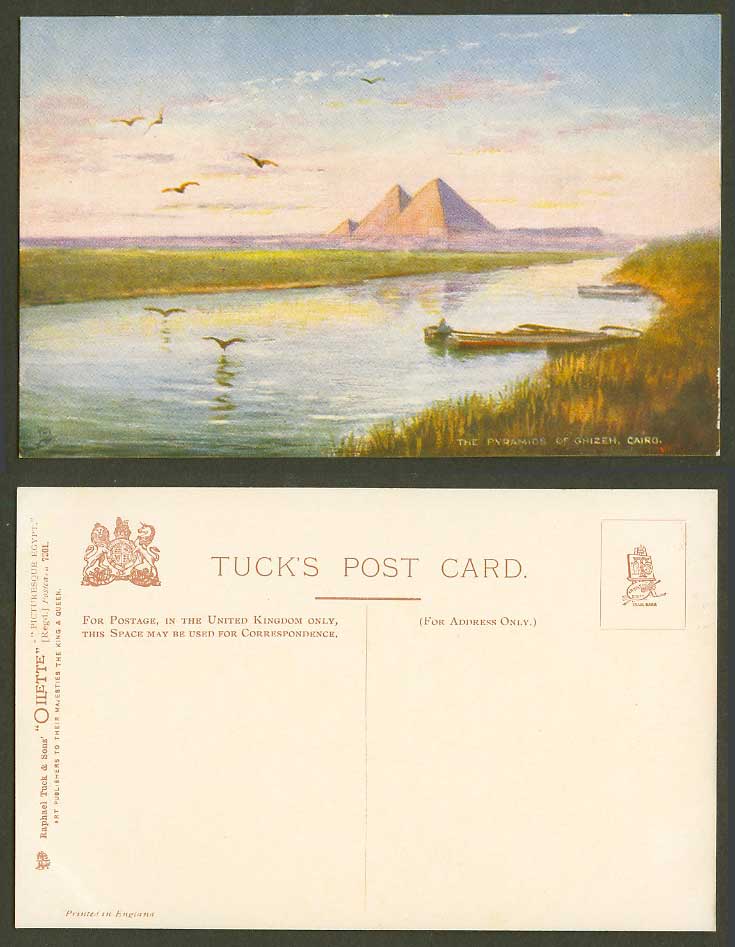 Egypt Old Tuck's Oilette Postcard Pyramids Ghizeh Giza Cairo Boats & River Scene