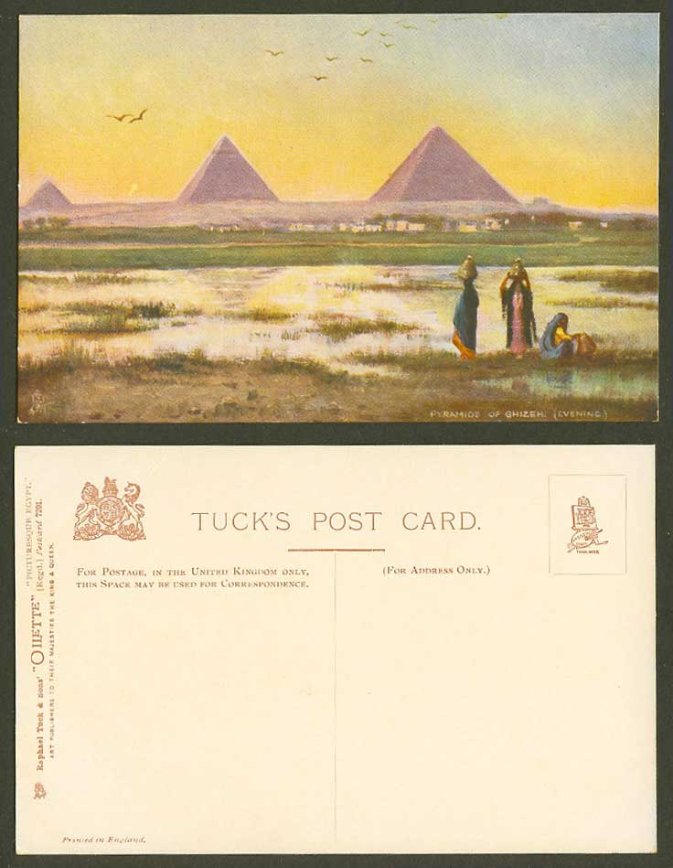 Egypt Old Tuck's Oilette Postcard Pyramids Ghizeh Giza Evening, Nile River Women