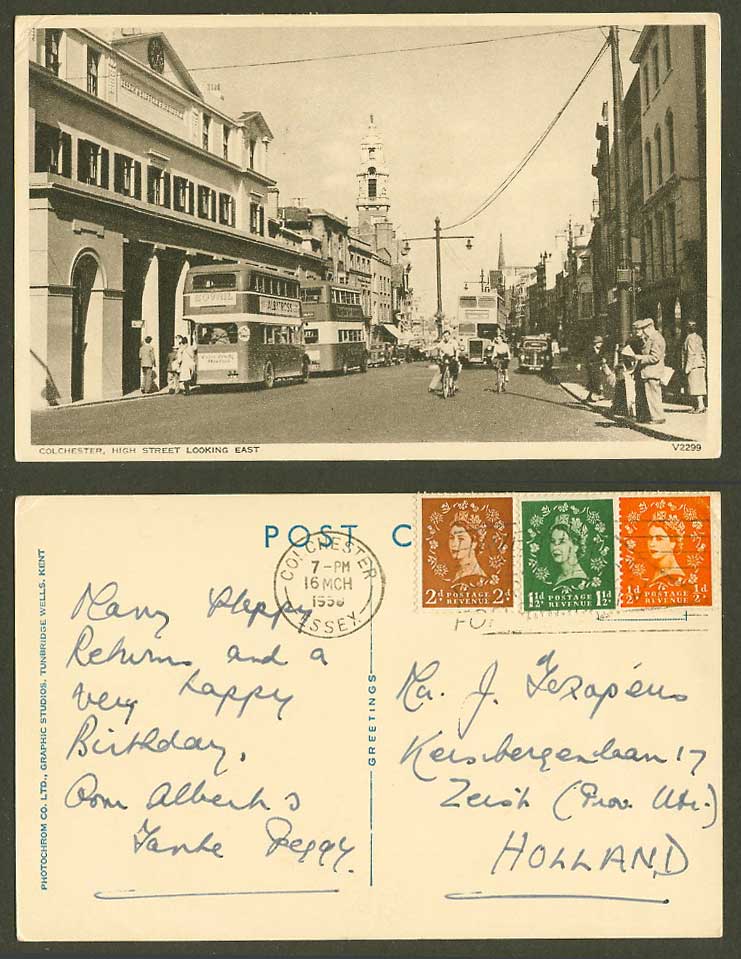 Colchester High Street Scene Looking East Essex 1958 Old Postcard Buses Cyclists