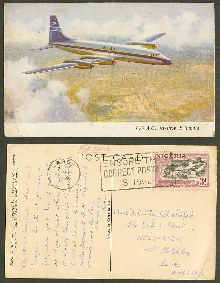 B.O.A.C Jet-Prop Britannia Airplane Aeroplane Nigeria 3d Lagos 1959 Old Postcard