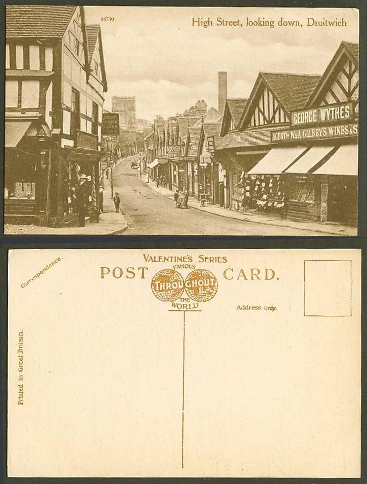 Droitwich High Street Scene Looking Down, George Wythes Agent Wines Old Postcard