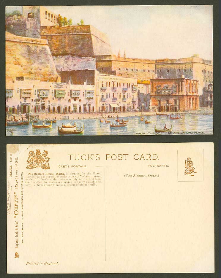 Malta Old Tuck's Oilette Postcard Custom House Landing Place DGHAISA Native Boat