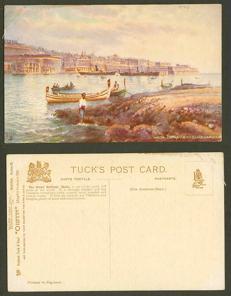 Malta Old Tuck's Oilette Postcard Entrance to Grand Harbour DGHAISA Native Boats