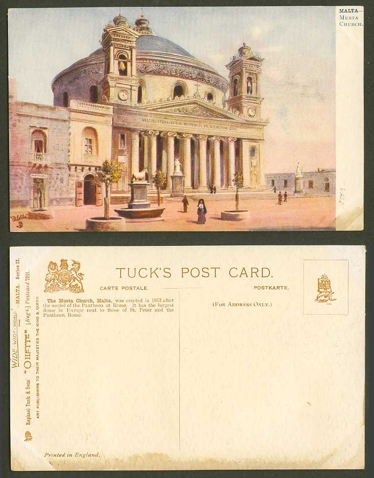 Malta Old Tuck's Oilette Postcard Musta Church Mosta Dome Statues FALDETTA Woman