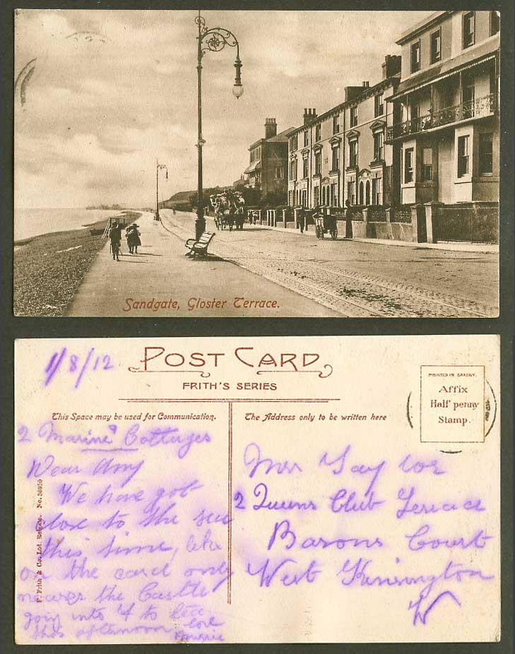 Sandgate, Gloster Terrace Street Scene, Kent 1912 Old Postcard Frith's Series