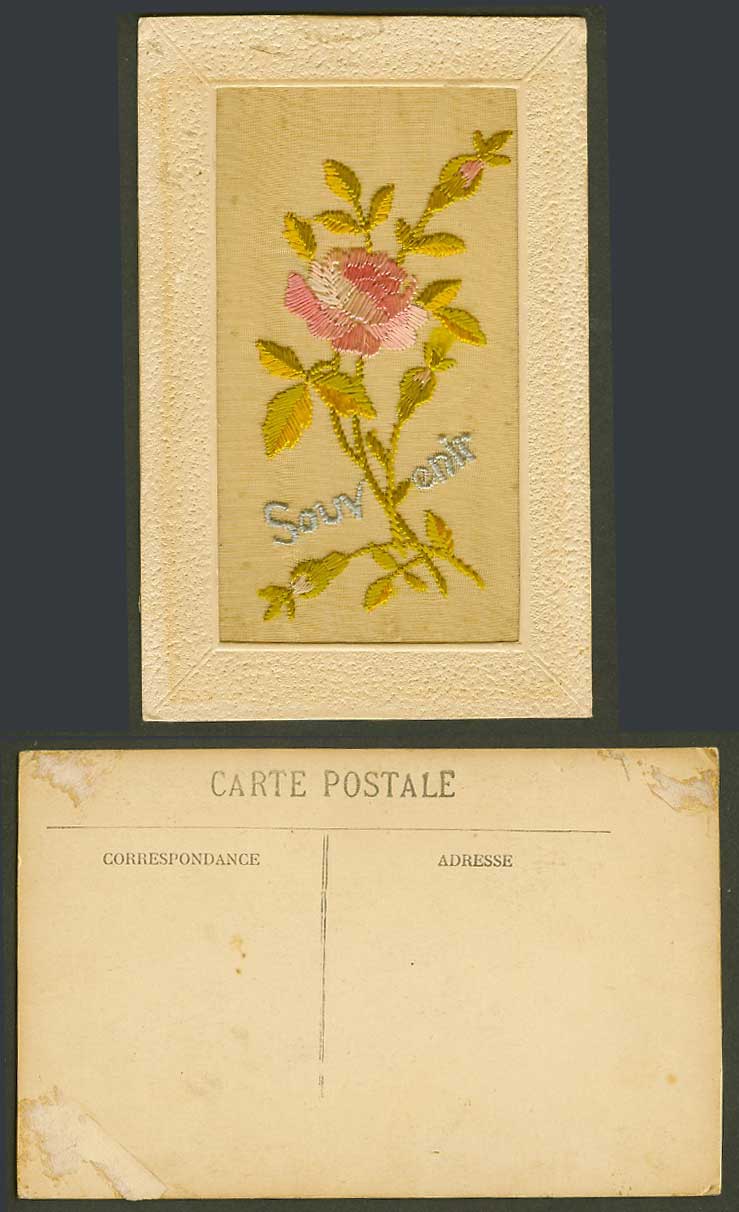 WW1 SILK Embroidered, French Old Postcard Souvenir, Pink Flower Flowers, Novelty