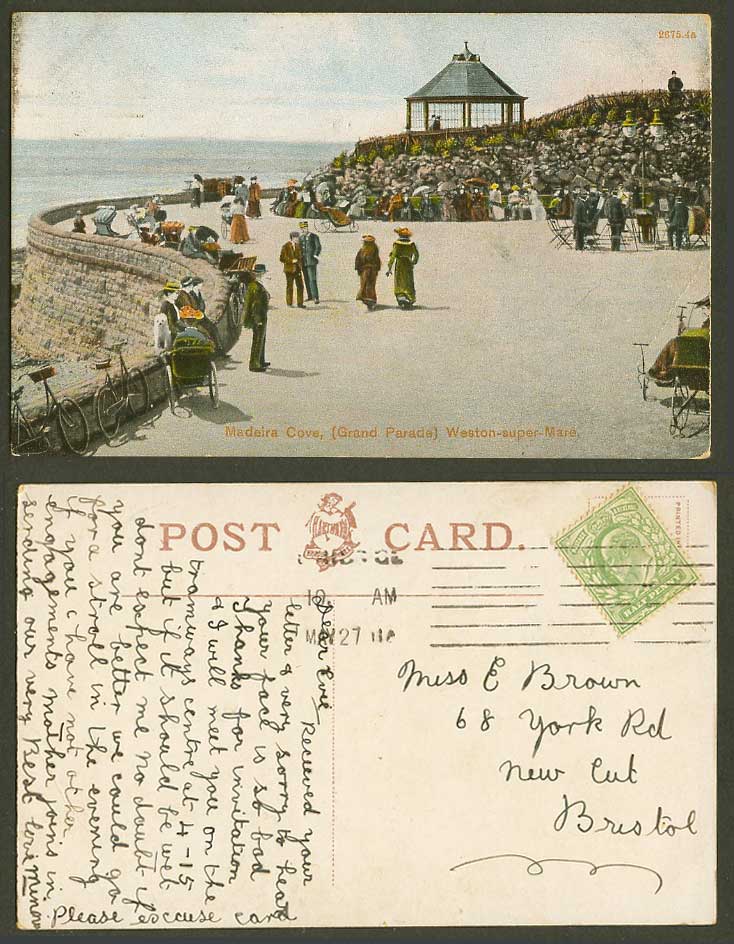 Weston-Super-Mare 1911 Old Postcard Madeira Cove Grand Parade Bandstand Bicycles