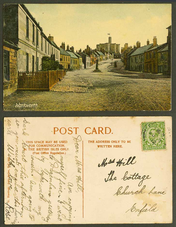 Warkworth Street Scene Tower with Flag Fountain Northumberland 1912 Old Postcard