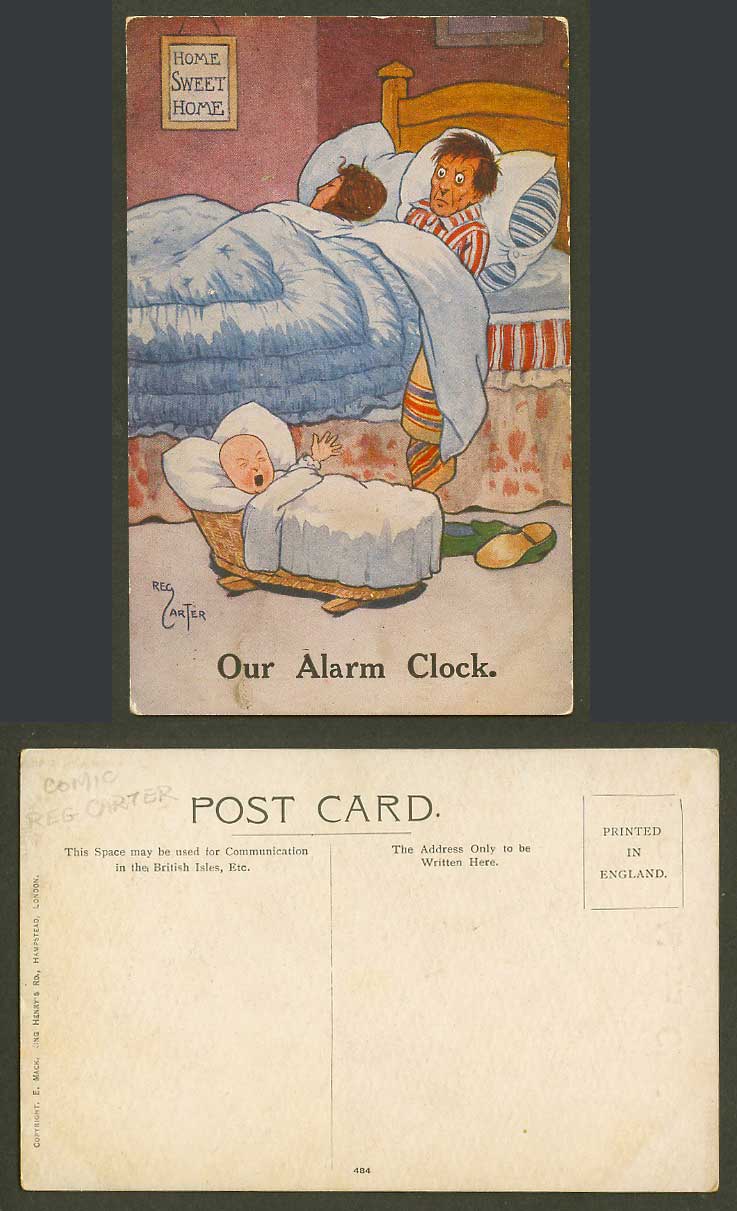Reg Carter Old Postcard Our Alarm Clock Home Sweet Home, Baby Crib, Comic Humour