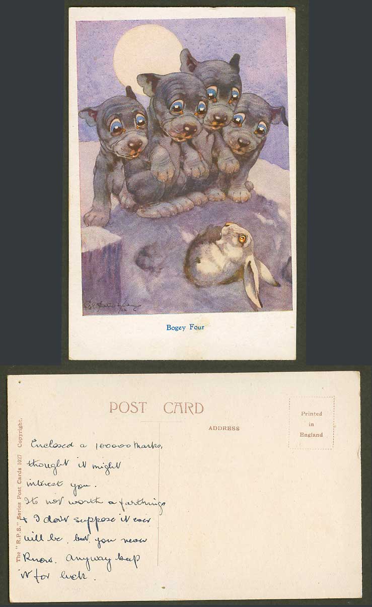 BONZO DOG G.E. Studdy Old Postcard BOGEY FOUR Puppies Rabbit by Night, Moon 1027