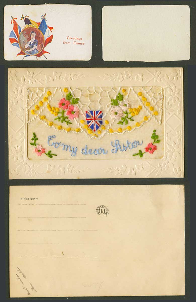 WW1 SILK Embroidered Old Postcard To My Dear Sister Greetings from France Wallet