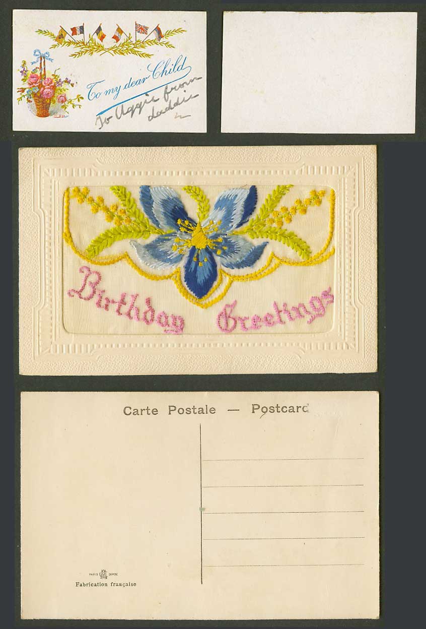 WW1 SILK Embroidered Old Postcard Flowers, Birthday Greetings, To My Dear Child
