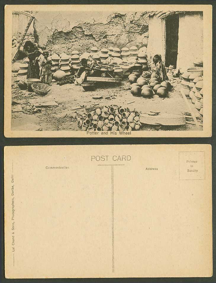 India Old Postcard Potter and His Wheel, Native Indian Potters Pots Pottery Girl