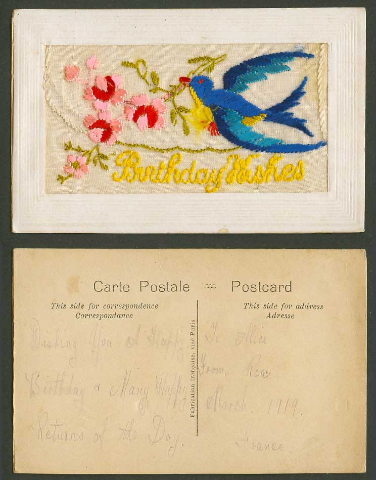 WW1 SILK Embroidered French 1919 Old Postcard Bird Flowers, Empty Wallet Novelty