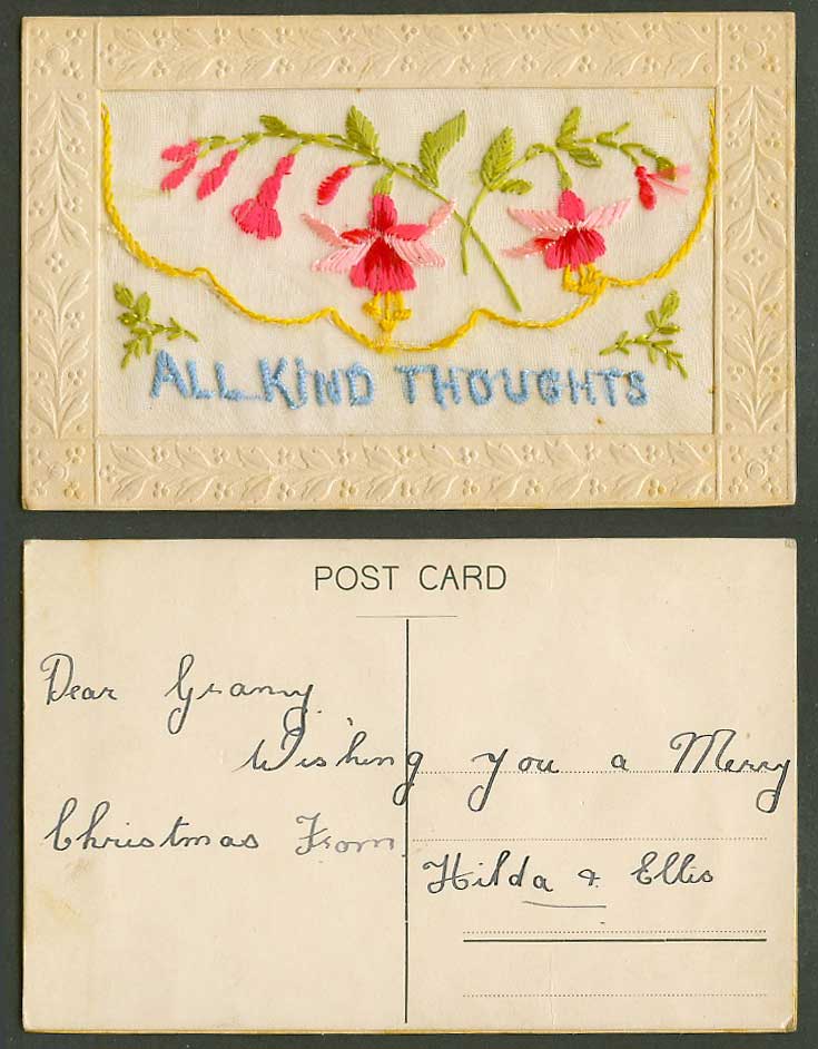 WW1 SILK Embroidered Old Postcard All Kind Thoughts Flowers Empty Wallet Novelty
