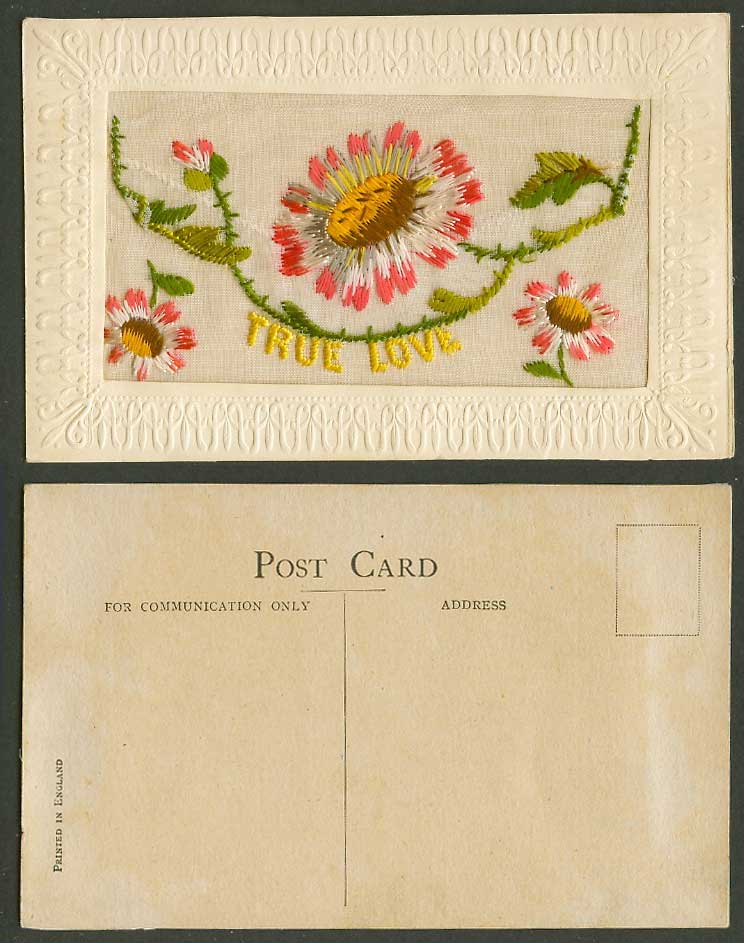 WW1 SILK Embroidered Old Postcard True Love, Flower Flowers Empty Wallet Novelty