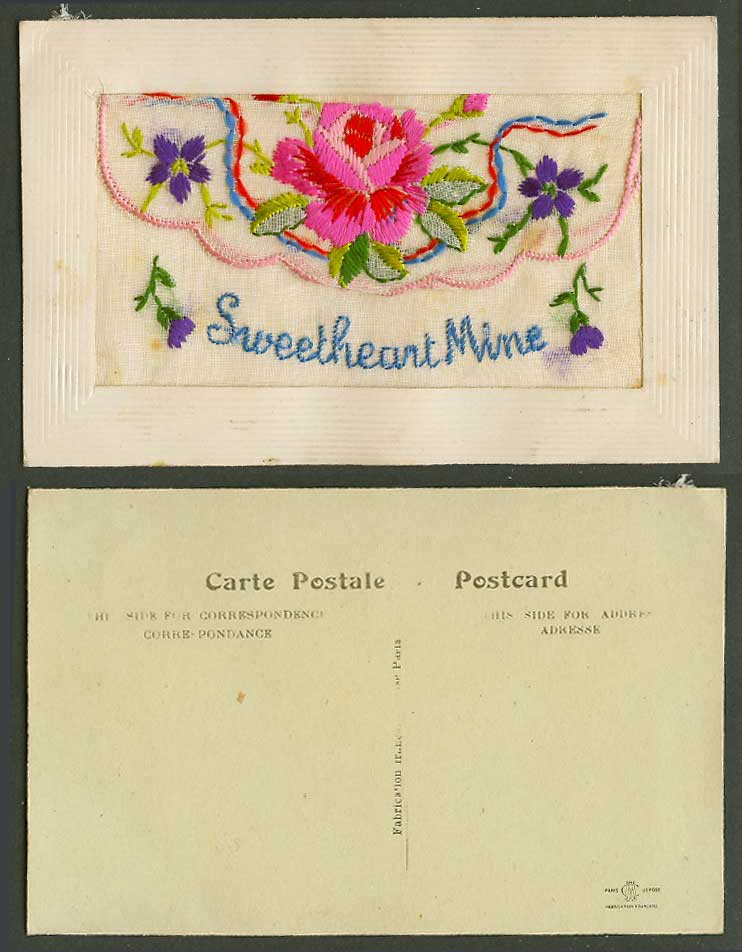 WW1 SILK Embroidered French Old Postcard Sweetheart Mine, Flowers & Empty Wallet