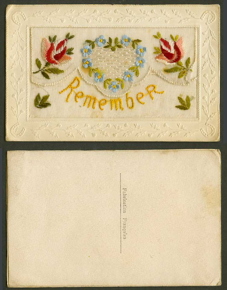 WW1 SILK Embroidered Old Postcard Remember, Heart Shaped Flowers, Empty Wallet