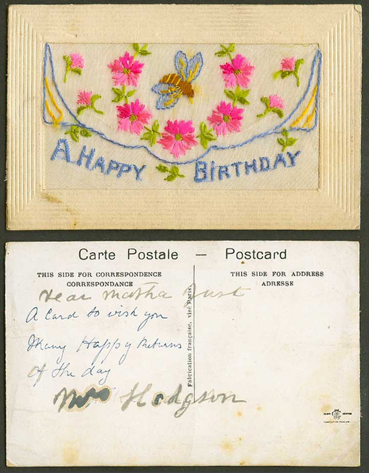 WW1 SILK Embroidered Old Postcard Bee Wasp Flowers A Happy Birthday Empty Wallet