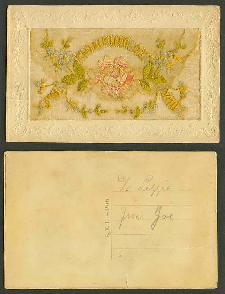 WW1 SILK Embroidered Old Postcard I'm Thinking of You Flowers Empty Wallet R.E.L