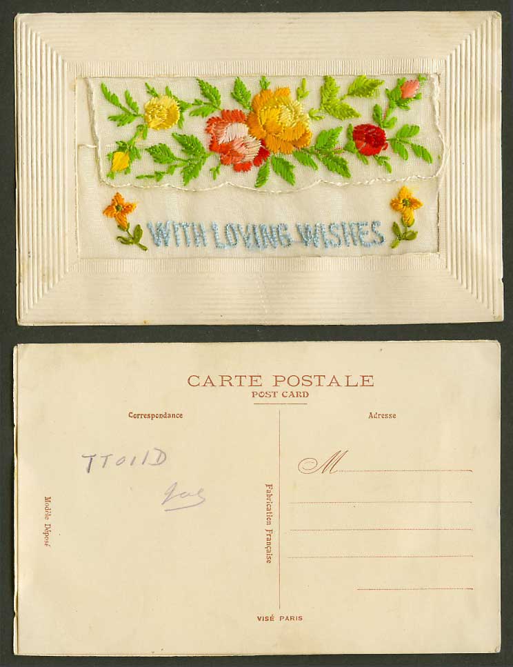 WW1 SILK Embroidered Old Postcard With Loving Wishes, Flowers, with Empty Wallet