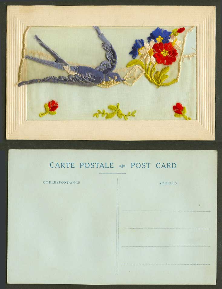 WW1 SILK Embroidered Old Postcard Bird Delivering Letter, Flowers, Empty Wallet