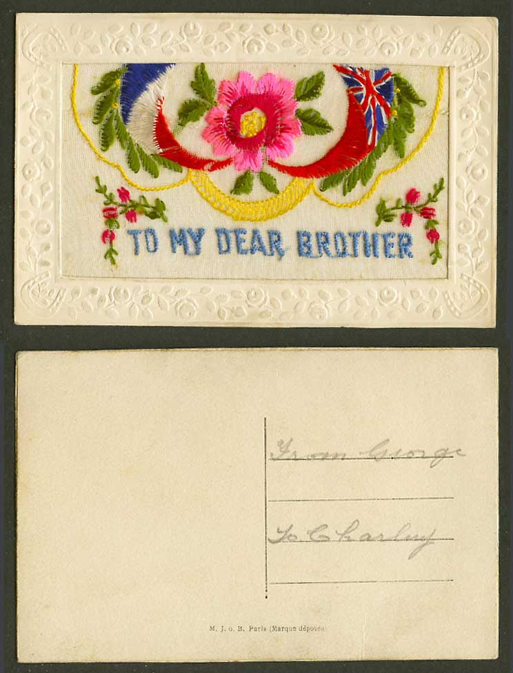 WW1 SILK Embroidered Old Postcard To My Dear Mother Flowers & Flags Empty Wallet