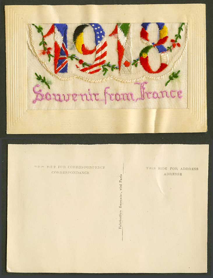 WW1 SILK Embroidered 1918 Old Postcard Souvenir from France, Flags, Empty Wallet