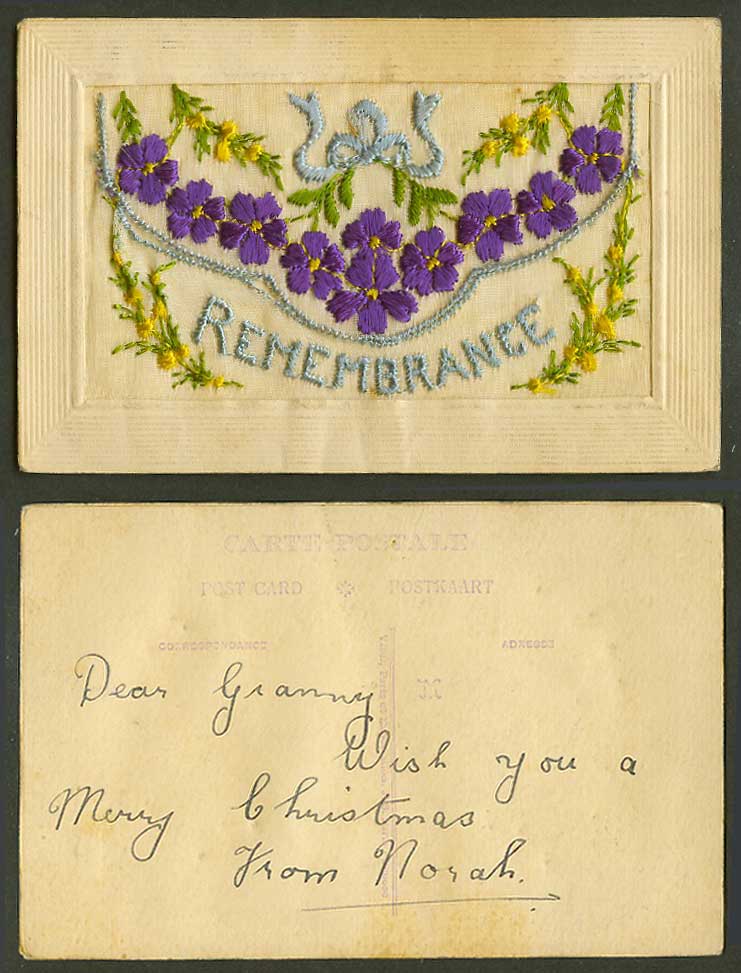 WW1 SILK Embroidered Old Postcard Remembrance Flowers, Novelty with Empty Wallet