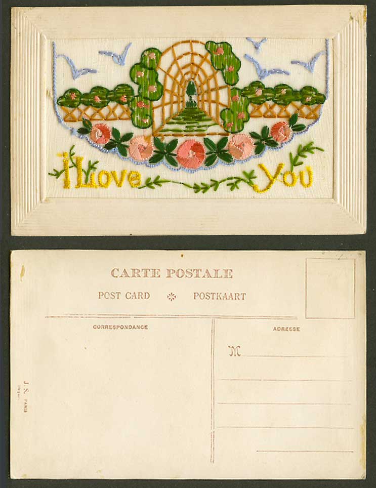 WW1 SILK Embroidered Old Postcard I Love You, Garden Flowers Arches Empty Wallet