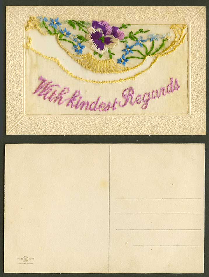 WW1 SILK Embroidered Old Postcard With Kindest Regards Flowers with Empty Wallet