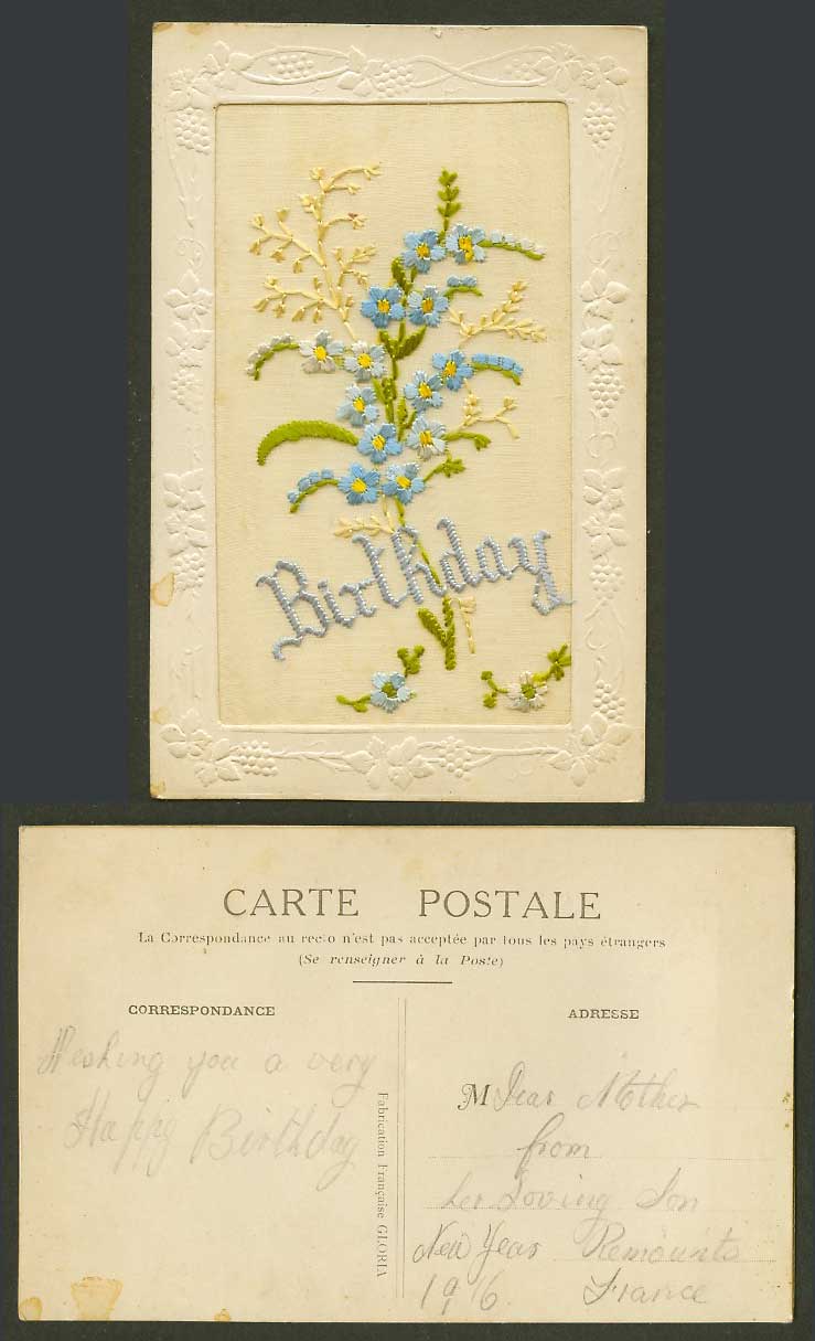 WW1 SILK Embroidered French 1916 Old Postcard Birthday, Blue Flowers F.F. GLORIA