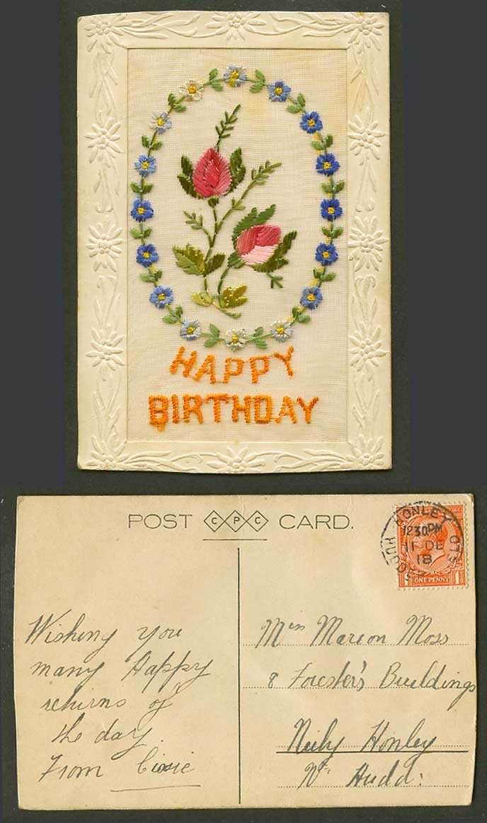 WW1 SILK Embroidered 1918 Old Postcard Happy Birthday, Flowers Novelty Greetings